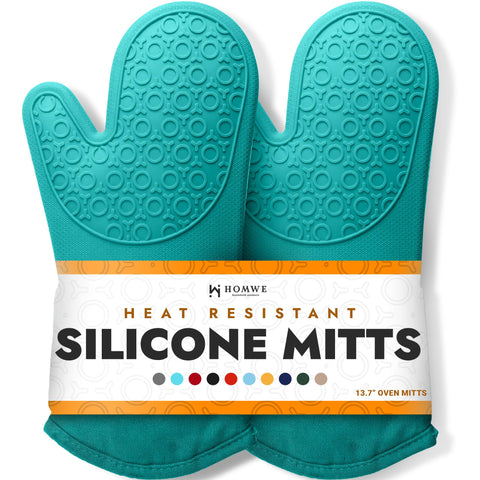 Guantes HOMWE de silicona turquesa, vista frontal, protección para manipular ollas calientes.