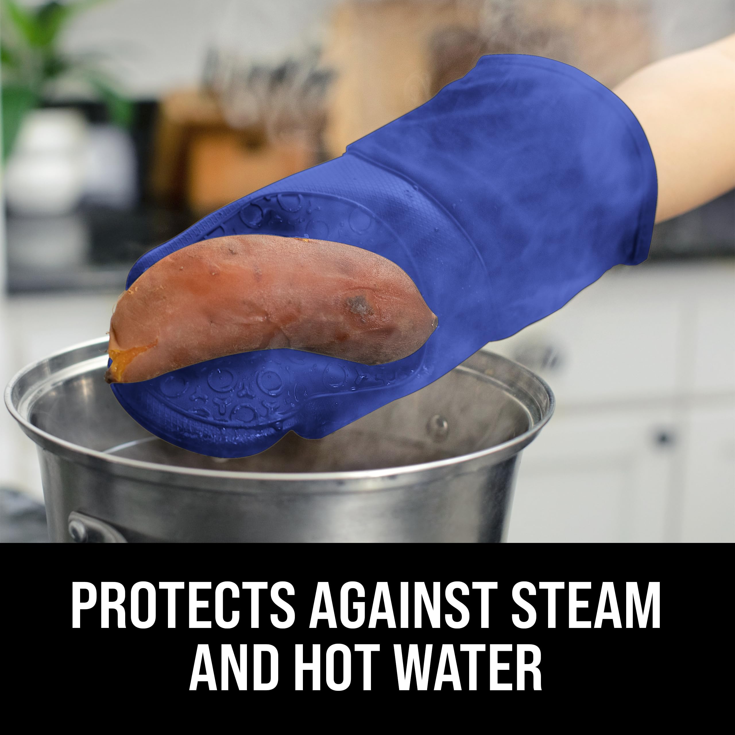 Imagen frontal: guantes HOMWE, diseño resistente al calor para cocina interior.