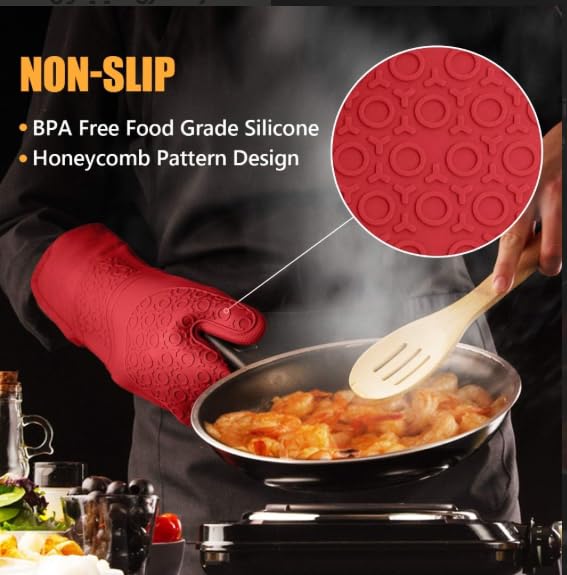 Guantes HOMWE de silicona para uso en cocina, agarre firme y resistencia al calor.