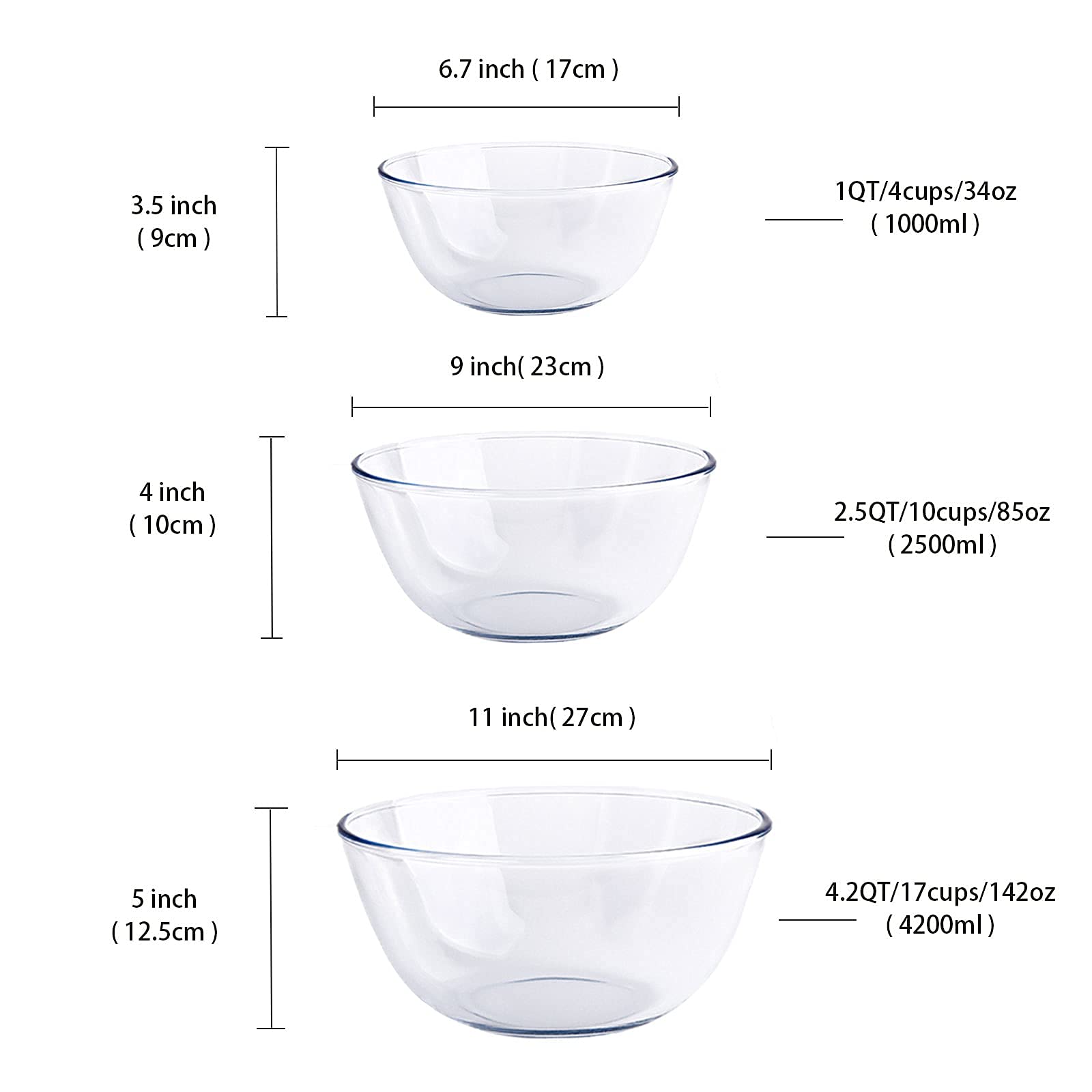 Homwin cuenco de vidrio 4.2qt para batir masas grandes