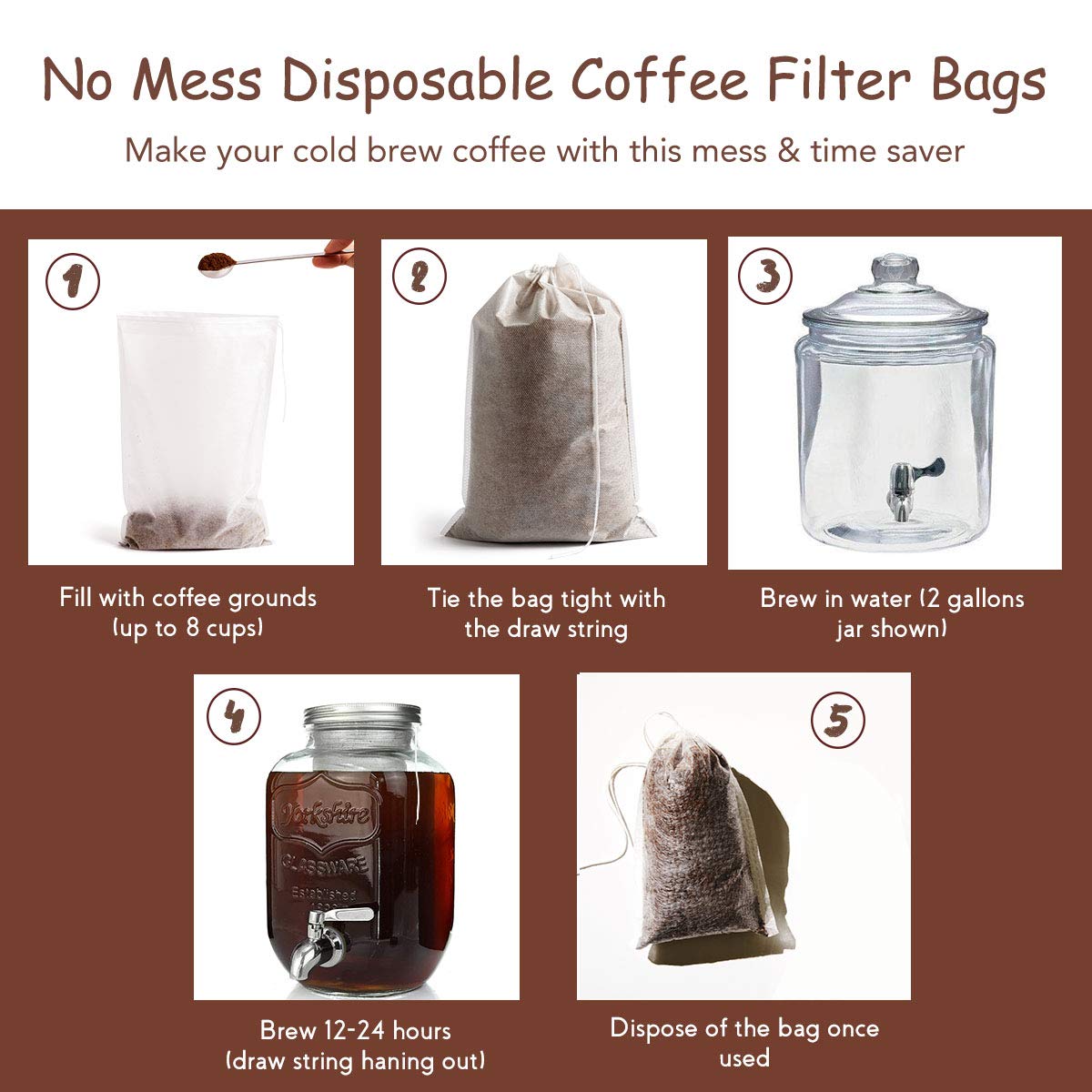 Bolsas HOMYHEE para café frío 8x12, filtración limpia y rápida.