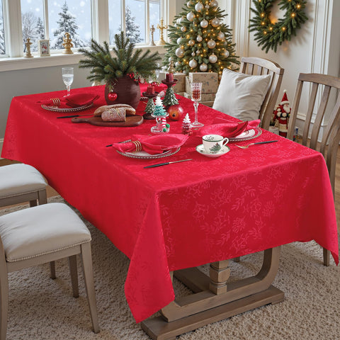 Mantel Honellaty con acebo rojo para mesa de comedor.