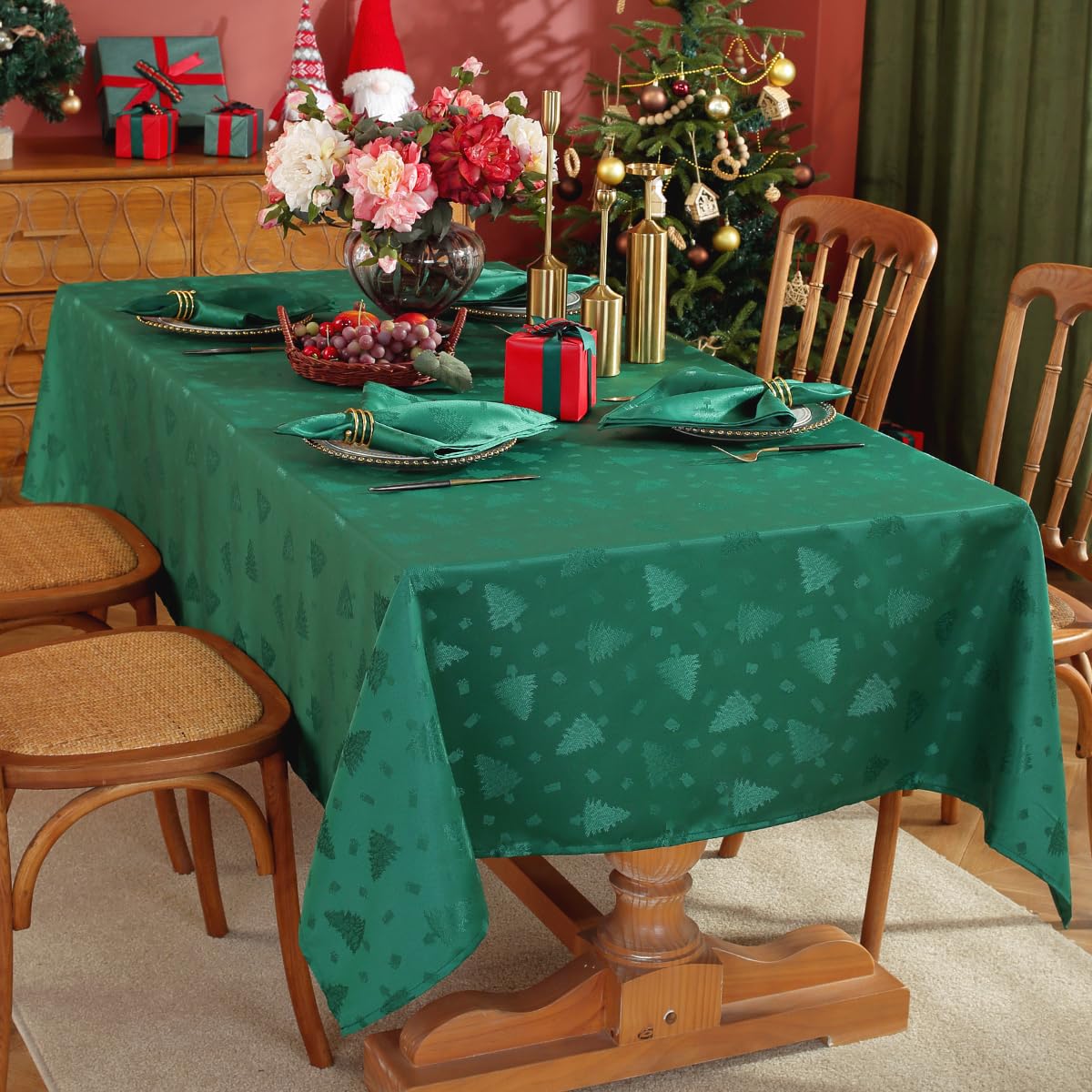 Honellaty mantel navidad, árbol damasco verde, crea ambiente festivo en la mesa.