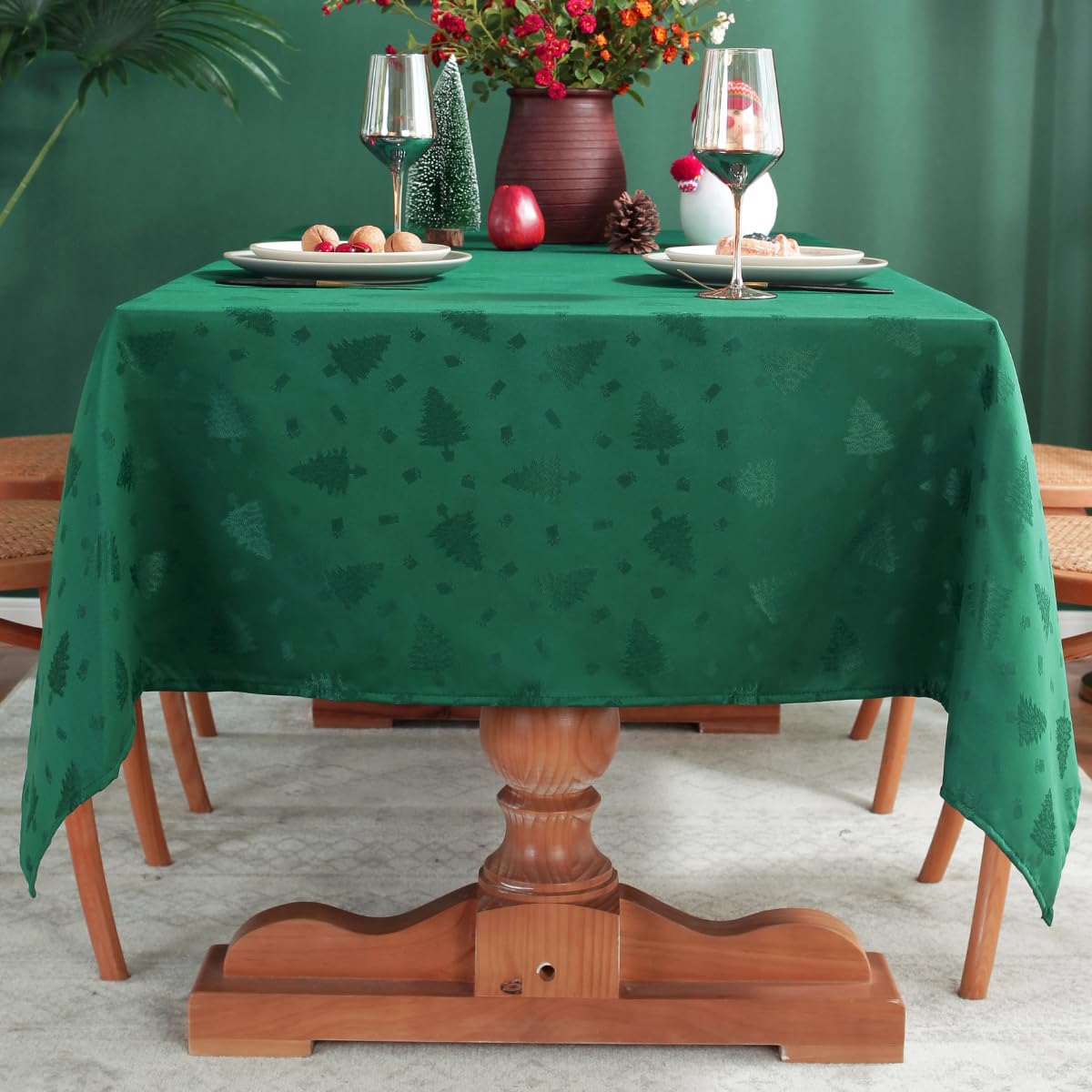 Honellaty mantel navidad, bordes plegados damasco verde, acabado elegante y duradero.
