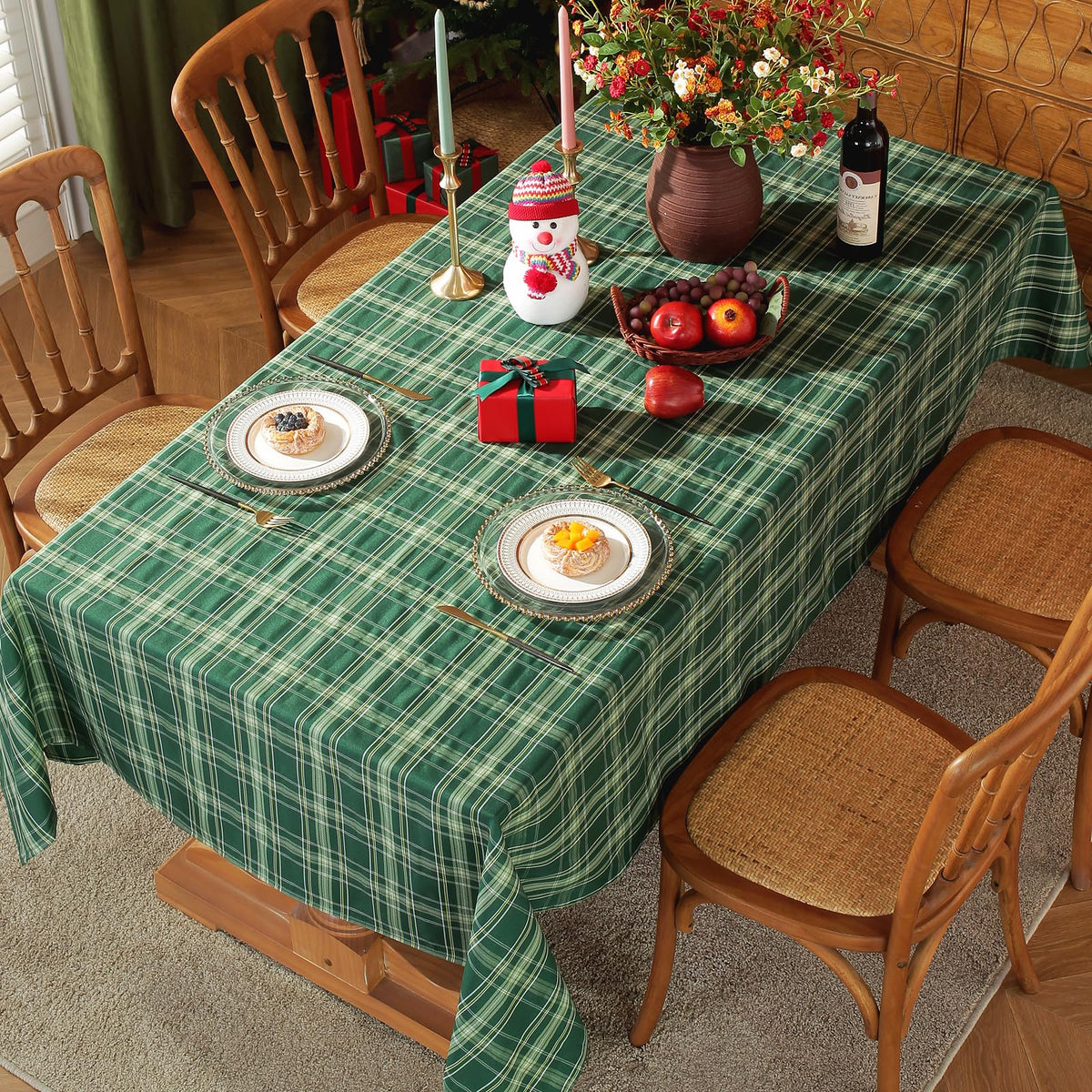 Mantel Honellaty navidad en cuadros verde blanco, realza la mesa con estilo festivo