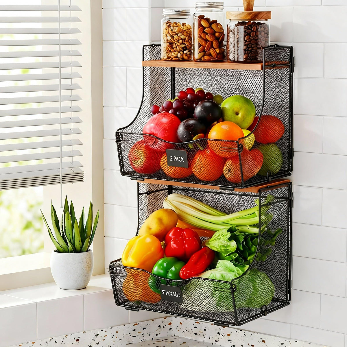 Honeydak cestas apilables de alambre con tapa de madera para frutas y verduras