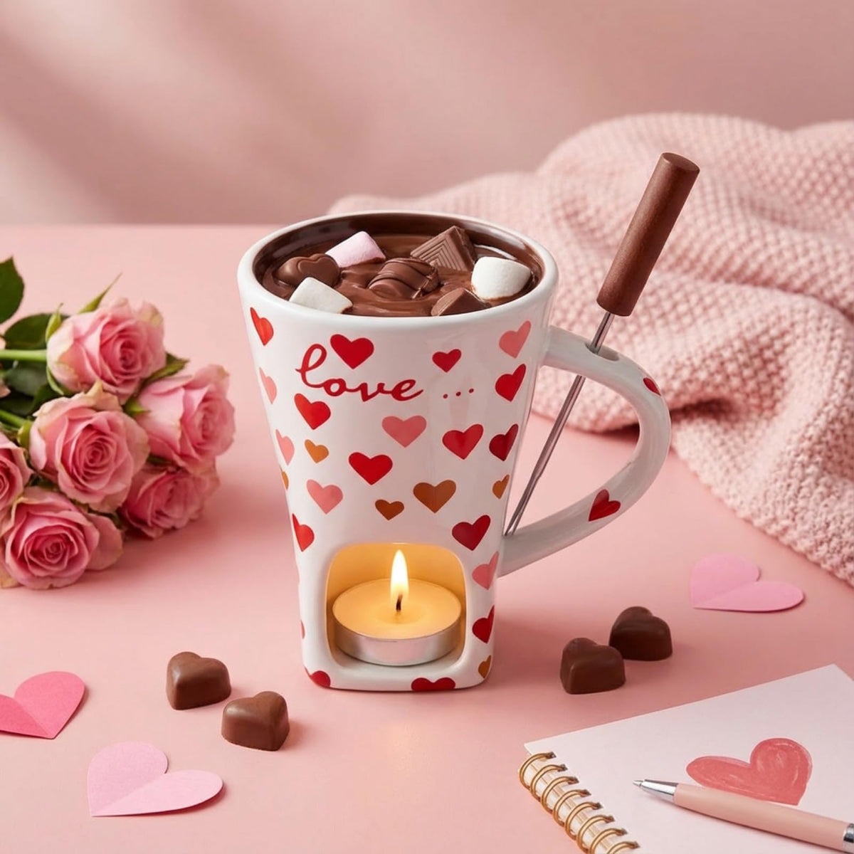 Copa fondue Honeydak con motivo corazón blanco para disfrutar en parejas de chocolate suave
