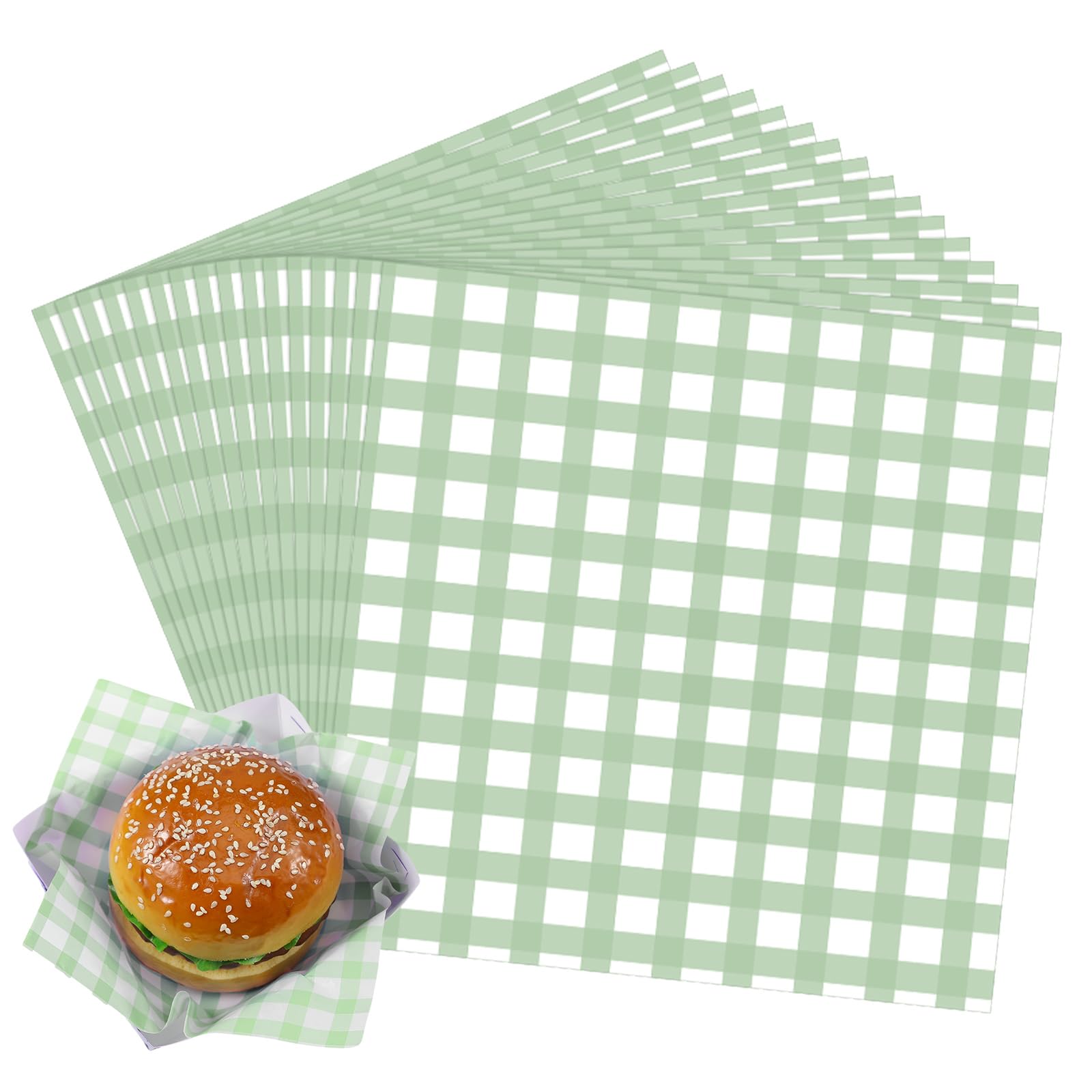 Honeydak hojas de papel encerado con cuadros verde 7x7 para envolver alimentos grasosos.