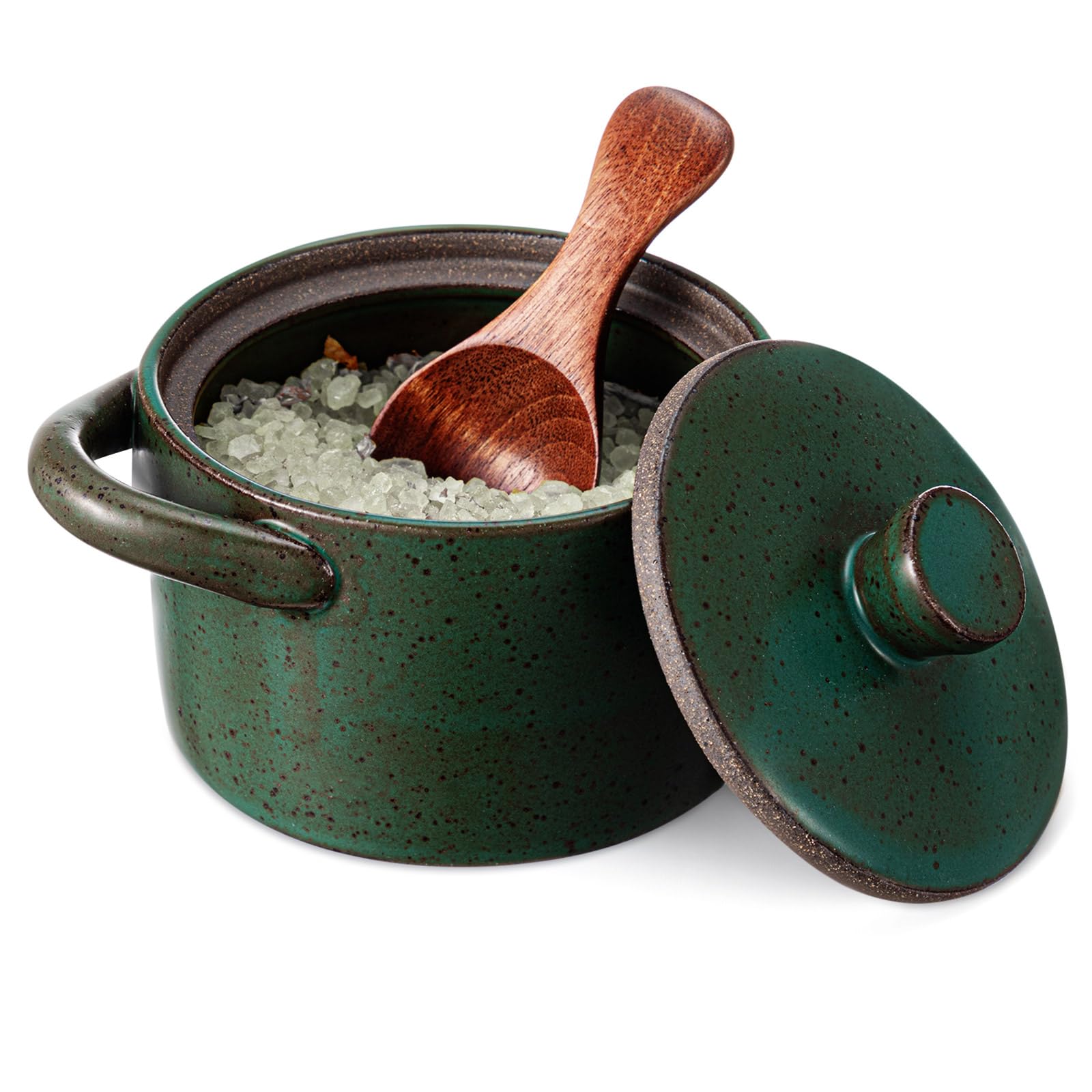 Honeydak salero cerámico manchado verde con tapa de madera, ideal para la cocina.