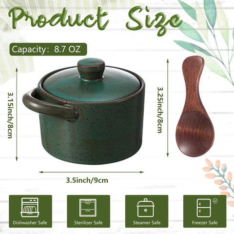 Honeydak salero cerámico verde con tapa de madera, detalle de cierre.