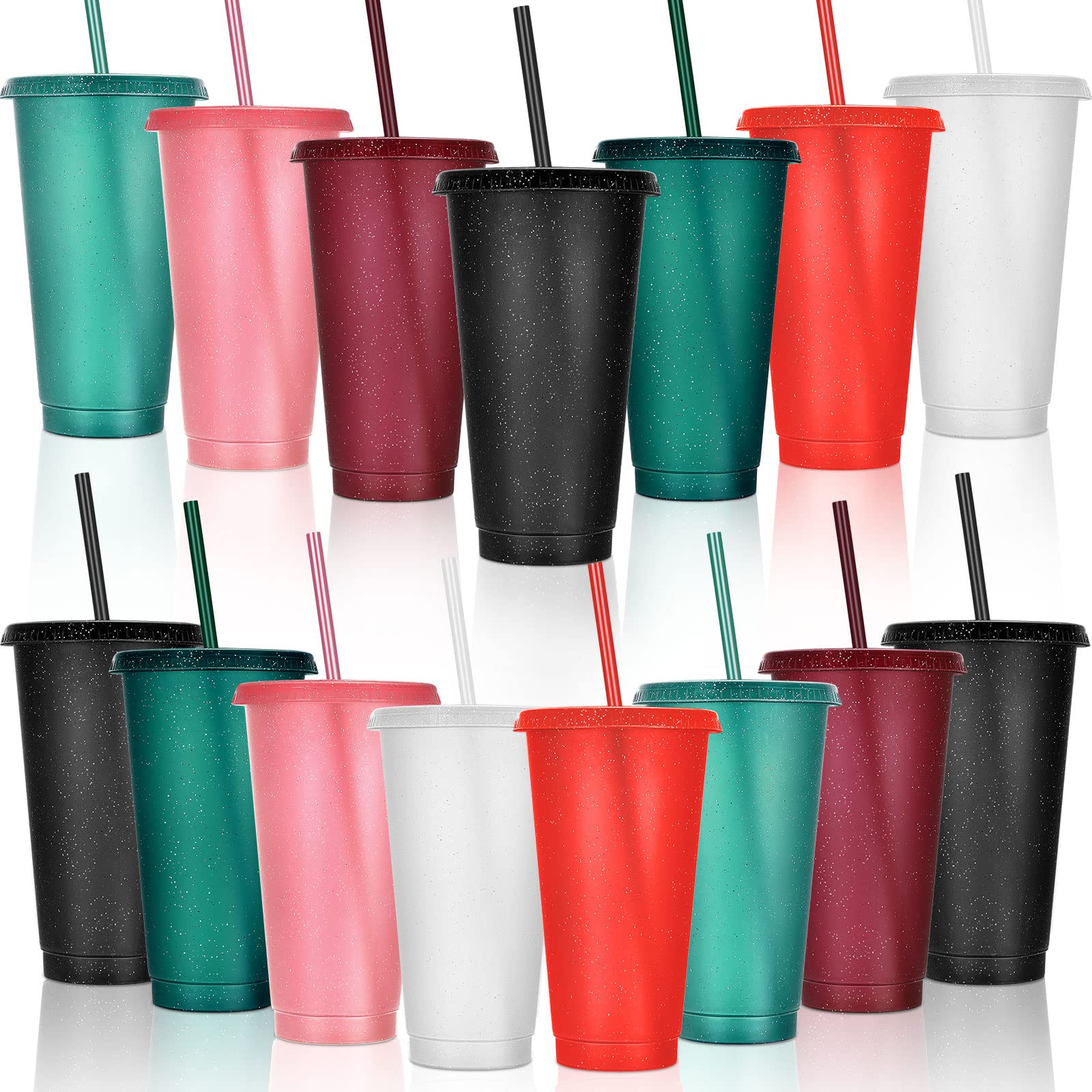 Vaso Honeydak con brillo de 24-27 oz, tapa y pajilla, ideal para fiestas.