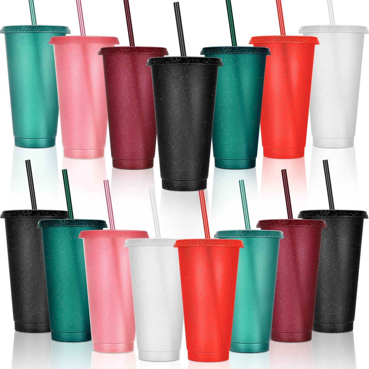 Vaso Honeydak con brillo de 24-27 oz, tapa y pajilla, ideal para fiestas.