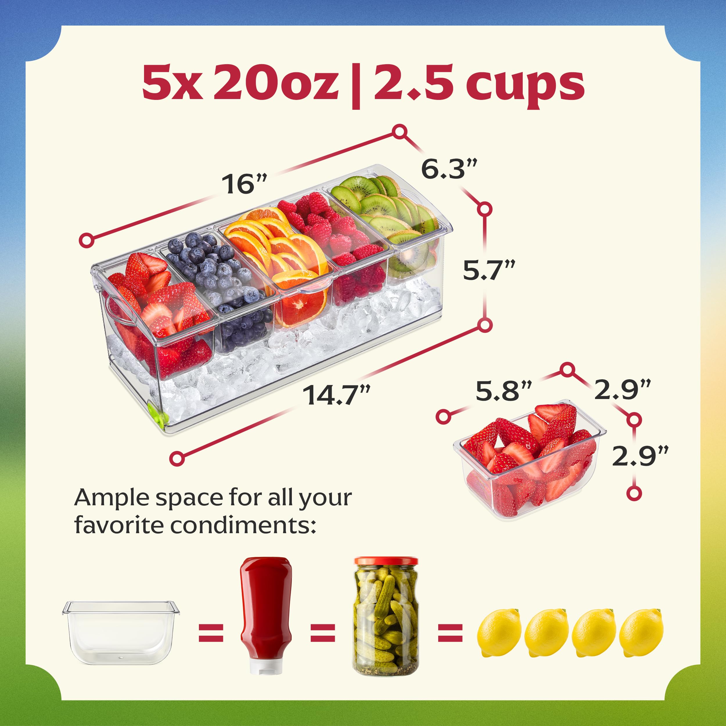 Honeyera-compartimentos-removibles-salada-bar: organización flexible para rellenar salsas y guarniciones.