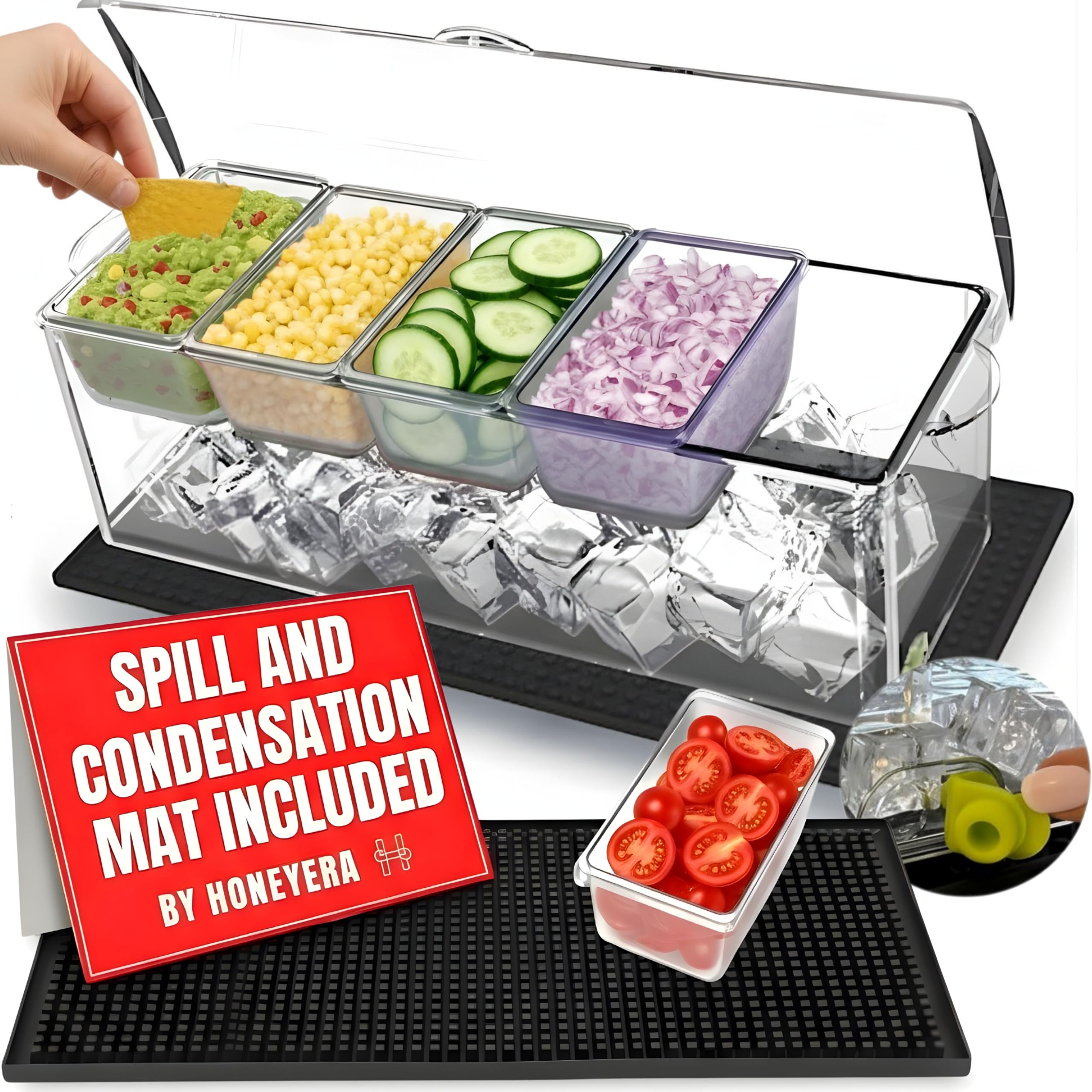 Honeyera-servidor-condimentos-frio-80oz: mantiene condimentos frescos durante eventos.