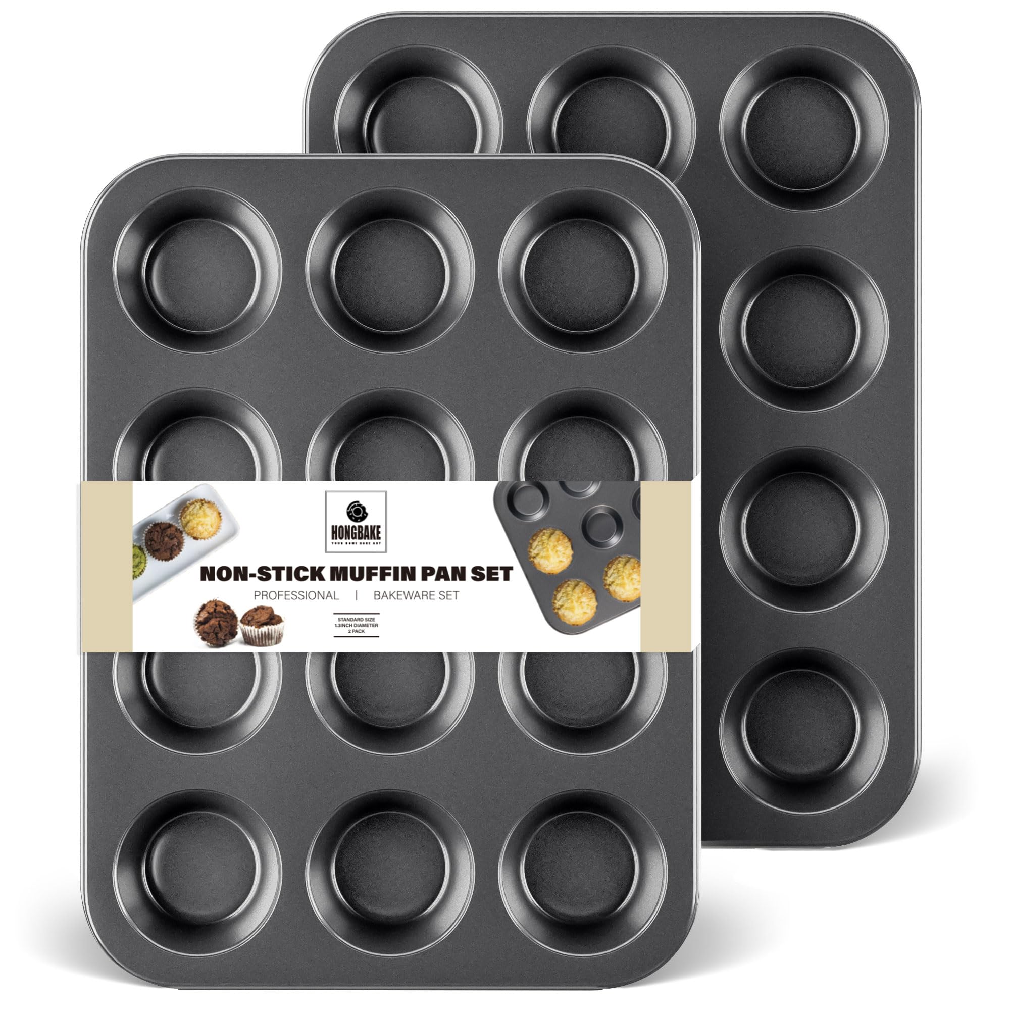 Moldes HONGBAKE: 12 cavidades antiadherentes para hornear muffins uniformes