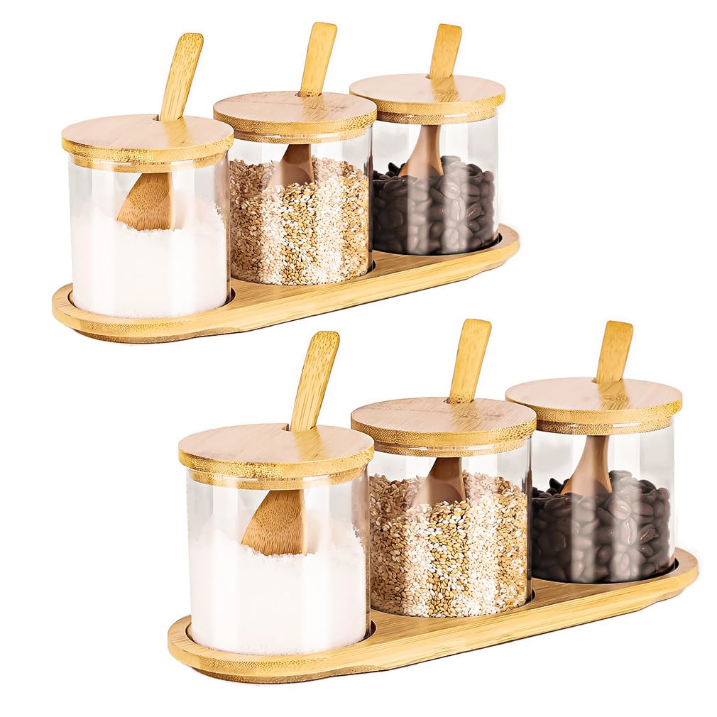 Potes HONGCHU de 350 ml con tapa de bambú para sal, azúcar y especias.