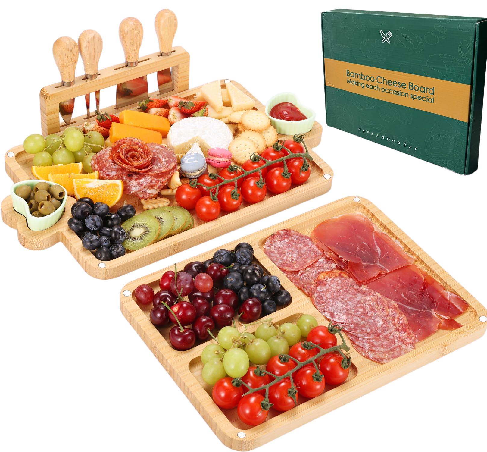 Tabla de charcutería Hongsane en bambú con cuchillos magnéticos para servir con estilo
