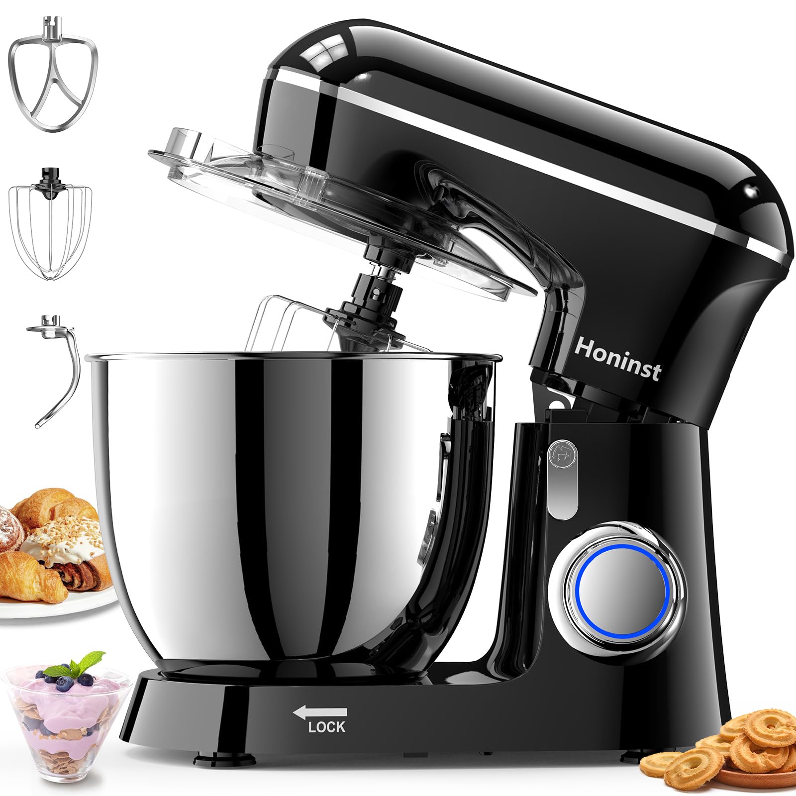 Honinst batidora de pie negra vista general, potencia estable para masas y cremas.