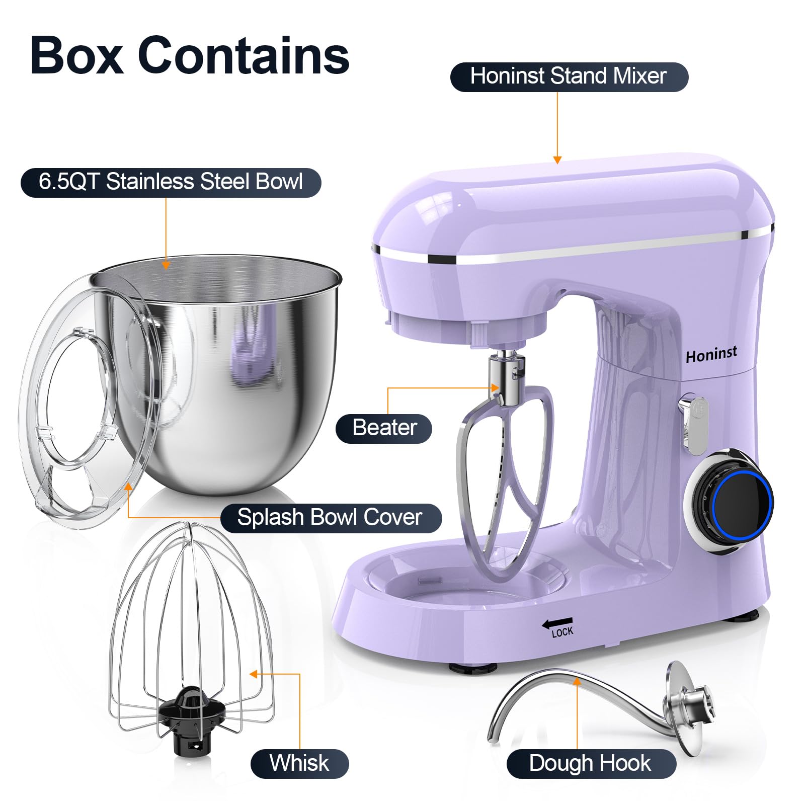 Honinst batidora con tazón de acero inoxidable de 6.5 qt