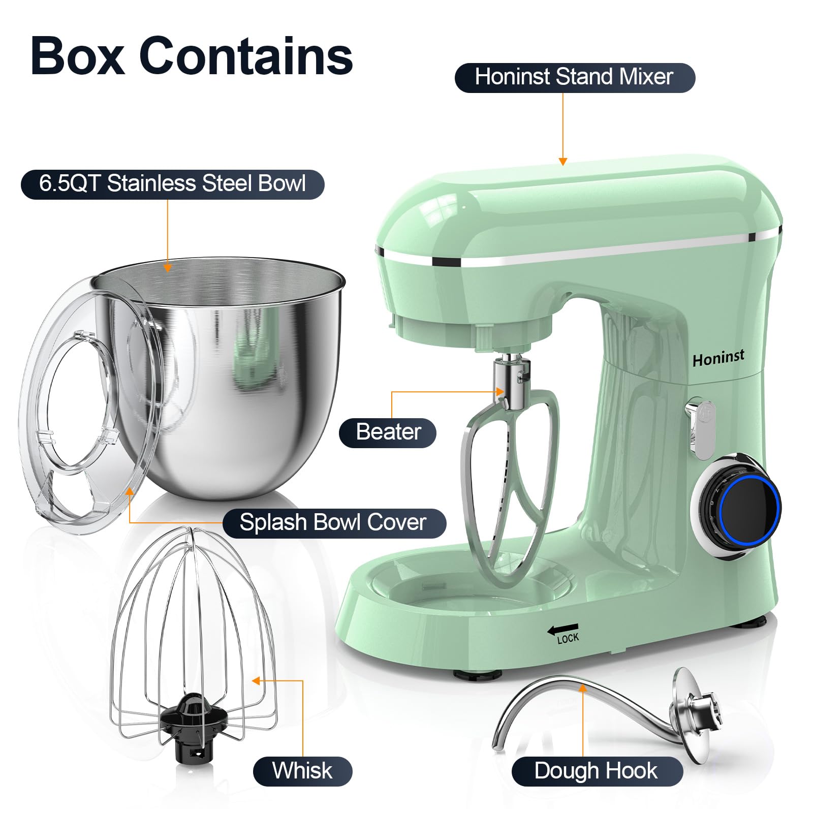 Honinst mezcladora de pie con bol de 6,5 qt para pasteles y panes