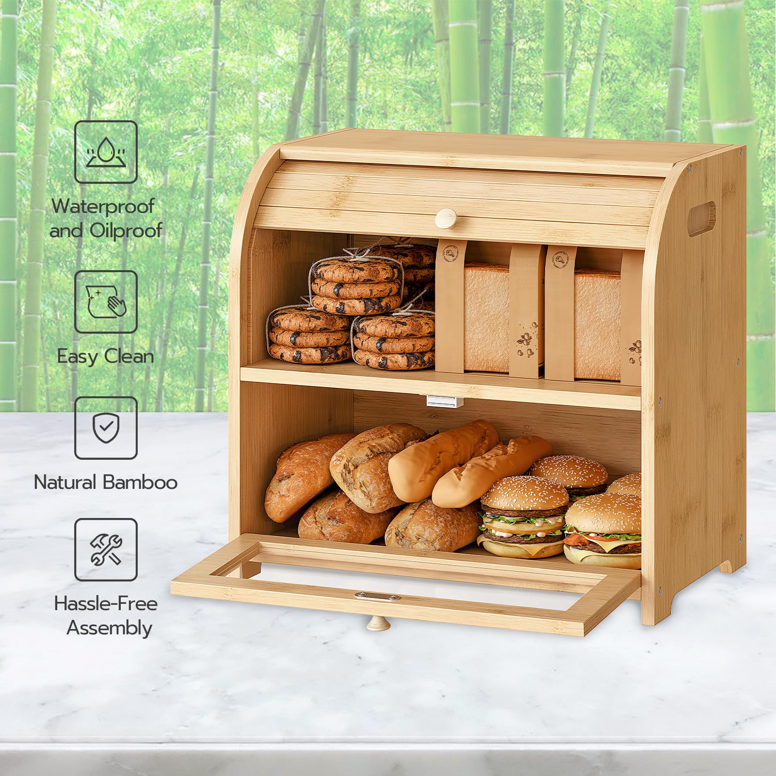 HOOBRO caja pan de bambú, acabado natural y duradero para encimeras