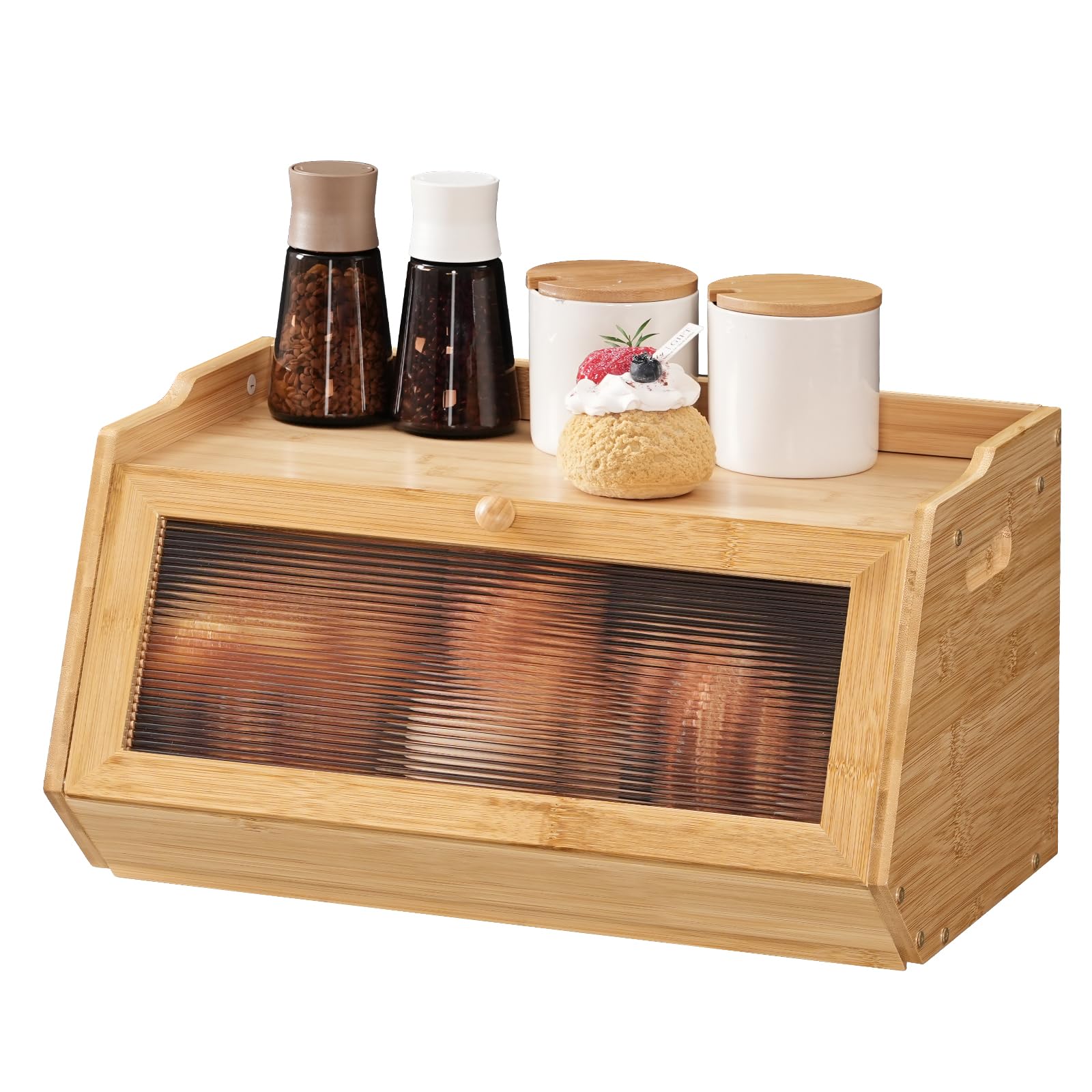 Hoobro caja pan bambú frente onda acrílico para ver el interior sin abrir.