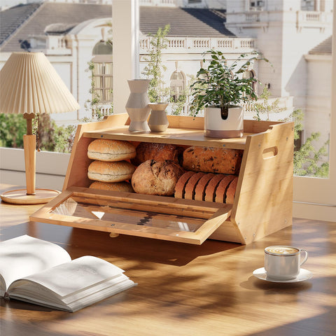 Hoobro caja pan bambú con puerta bajada acrílica para acceso cómodo.