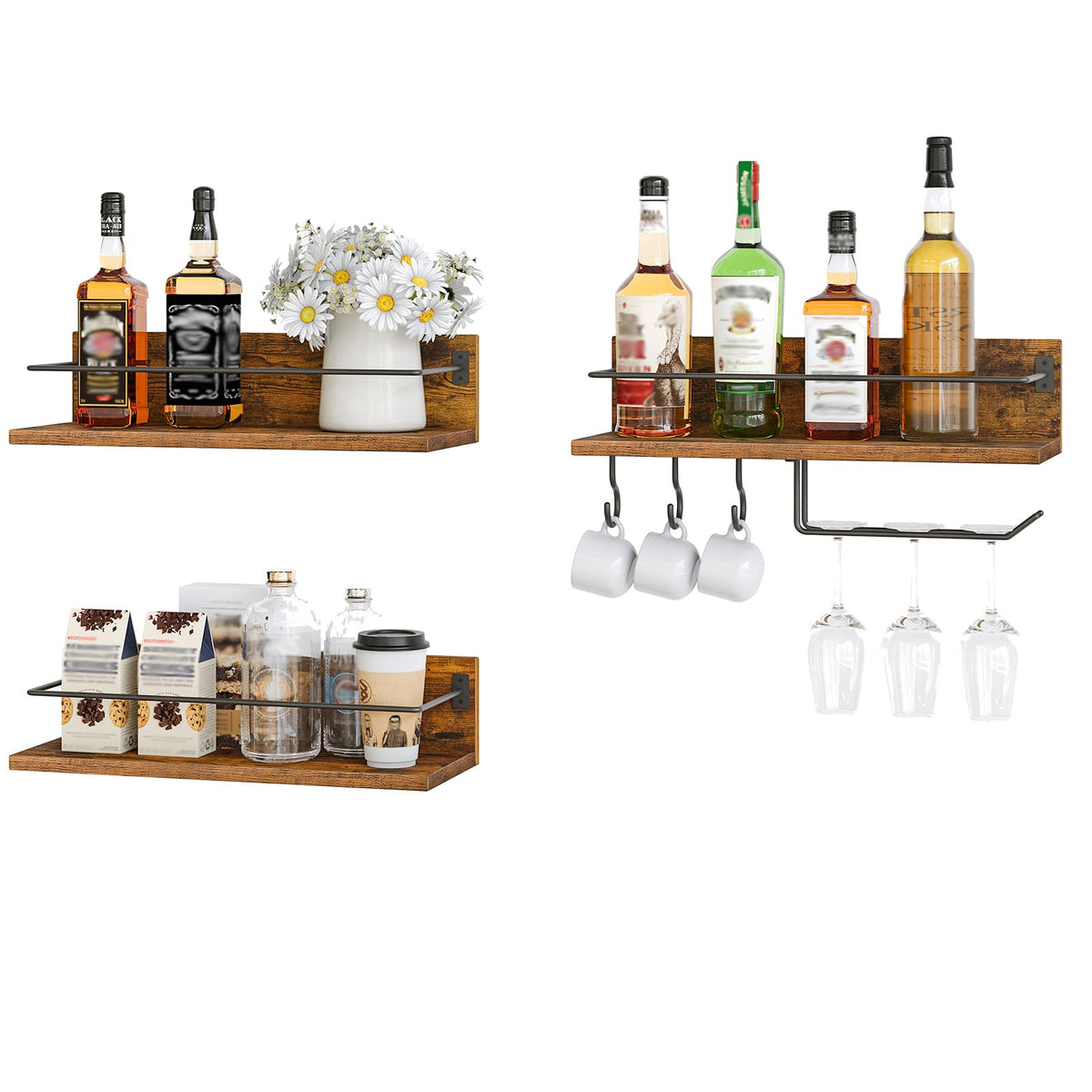 HOOBRO estante de vino de pared 3 piezas, vista frontal elegante para vinos y copas