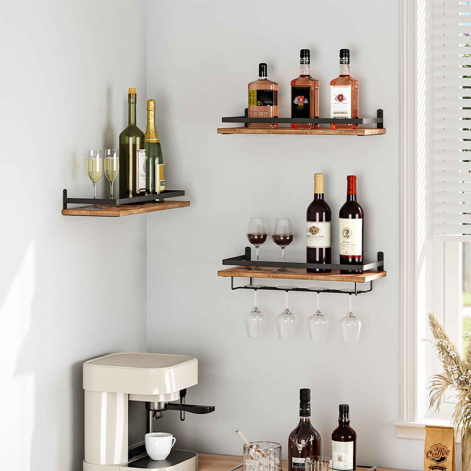 HOOBRO estante-vino-pared-3-piezas para organizar copas y botellas con estilo.