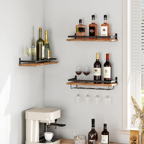 HOOBRO estante-vino-pared-3-piezas para organizar copas y botellas con estilo.