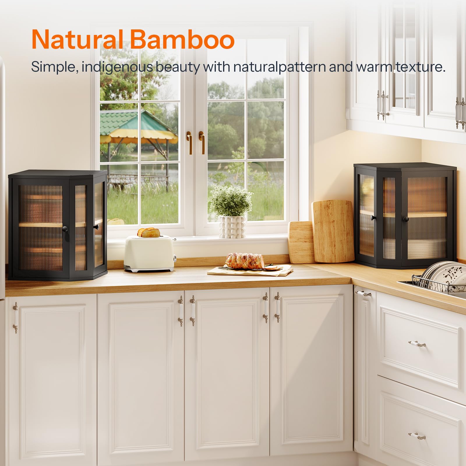 Hoobro panera bambú, detalle de madera natural, acabado liso y elegante