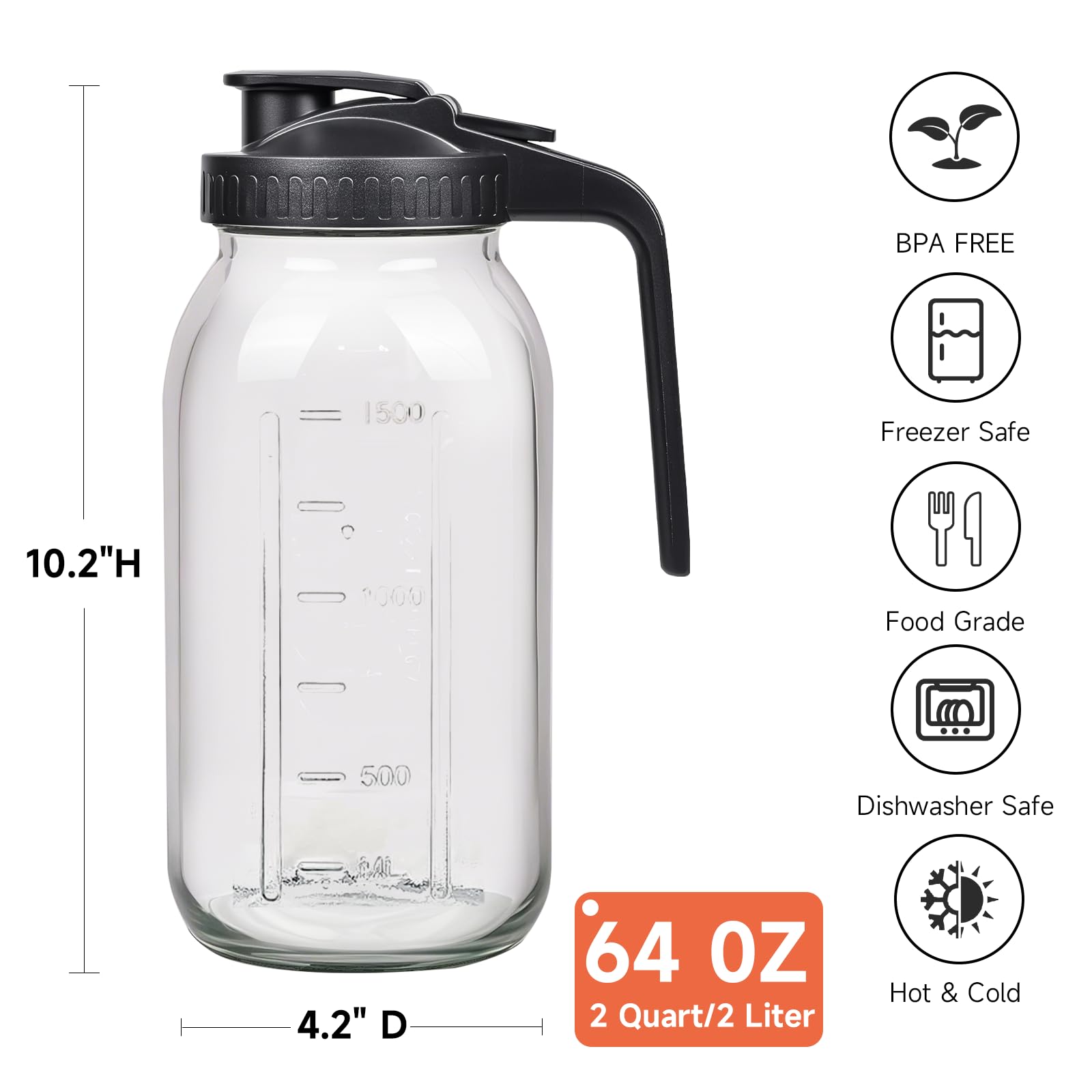Hoofess jarra mason 64oz mango ergonómico para un agarre cómodo
