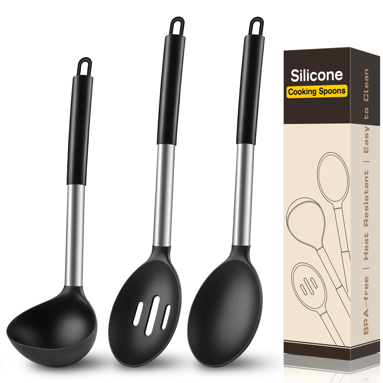 Hoosook set de cucharas de silicona 3 piezas para mezclar y servir sin rayar