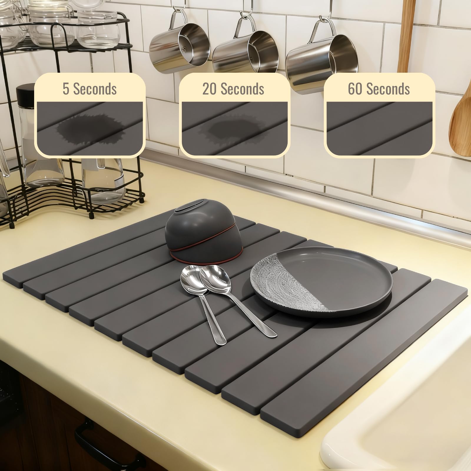 Hopegiver piedra de secado plegable ofrece almacenamiento compacto para cocinas pequeñas.