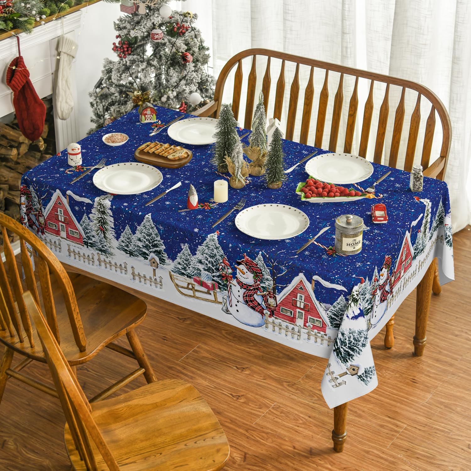 Horaldaily mantel-navidad-azul-disenos-festivos: añade encanto decorativo para reuniones familiares.