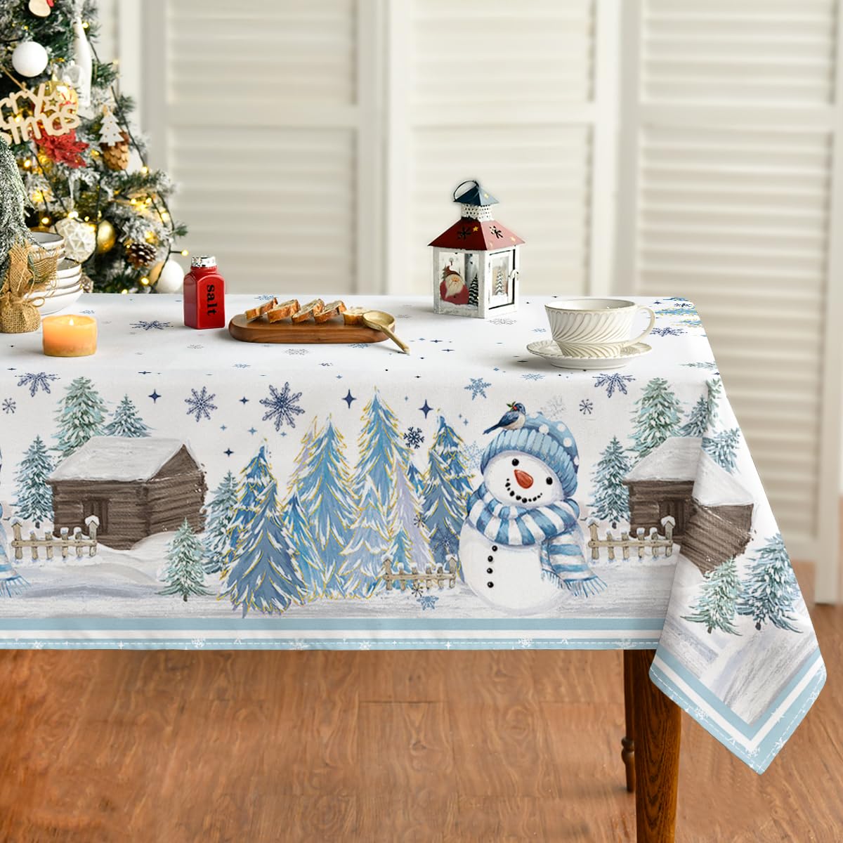 Horaldaily mantel navidad azul con muñecos de nieve, ideal para cenas festivas.