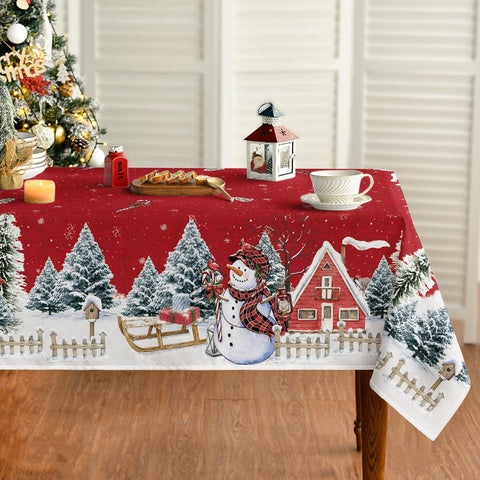 Mantel Horaldaily navidad con nieve y casita para cenas festivas.