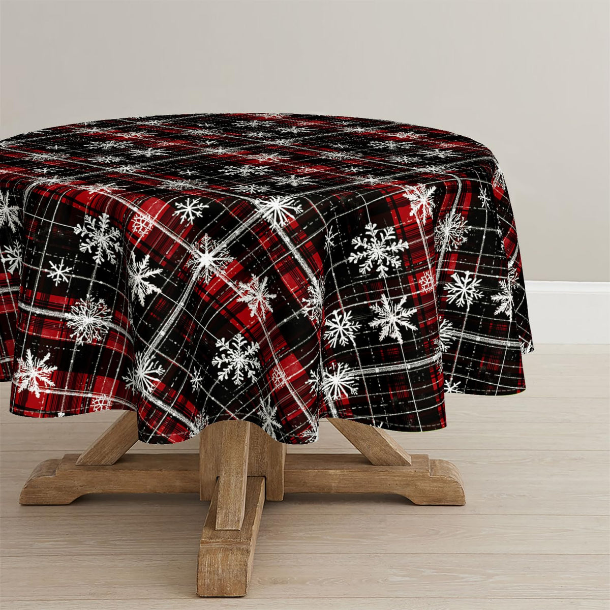 Mantel Horaldaily navideño redondo 70×70 con cuadricula negra y nieve blanca, perfecto para fiestas.