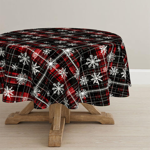 Mantel Horaldaily navideño redondo 70×70 con cuadricula negra y nieve blanca, perfecto para fiestas.