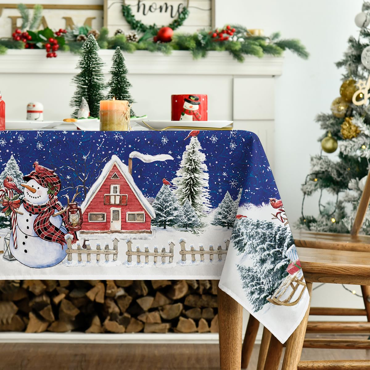 Horaldaily mantel navideño azul con escena invernal, perfecto para reuniones de invierno.
