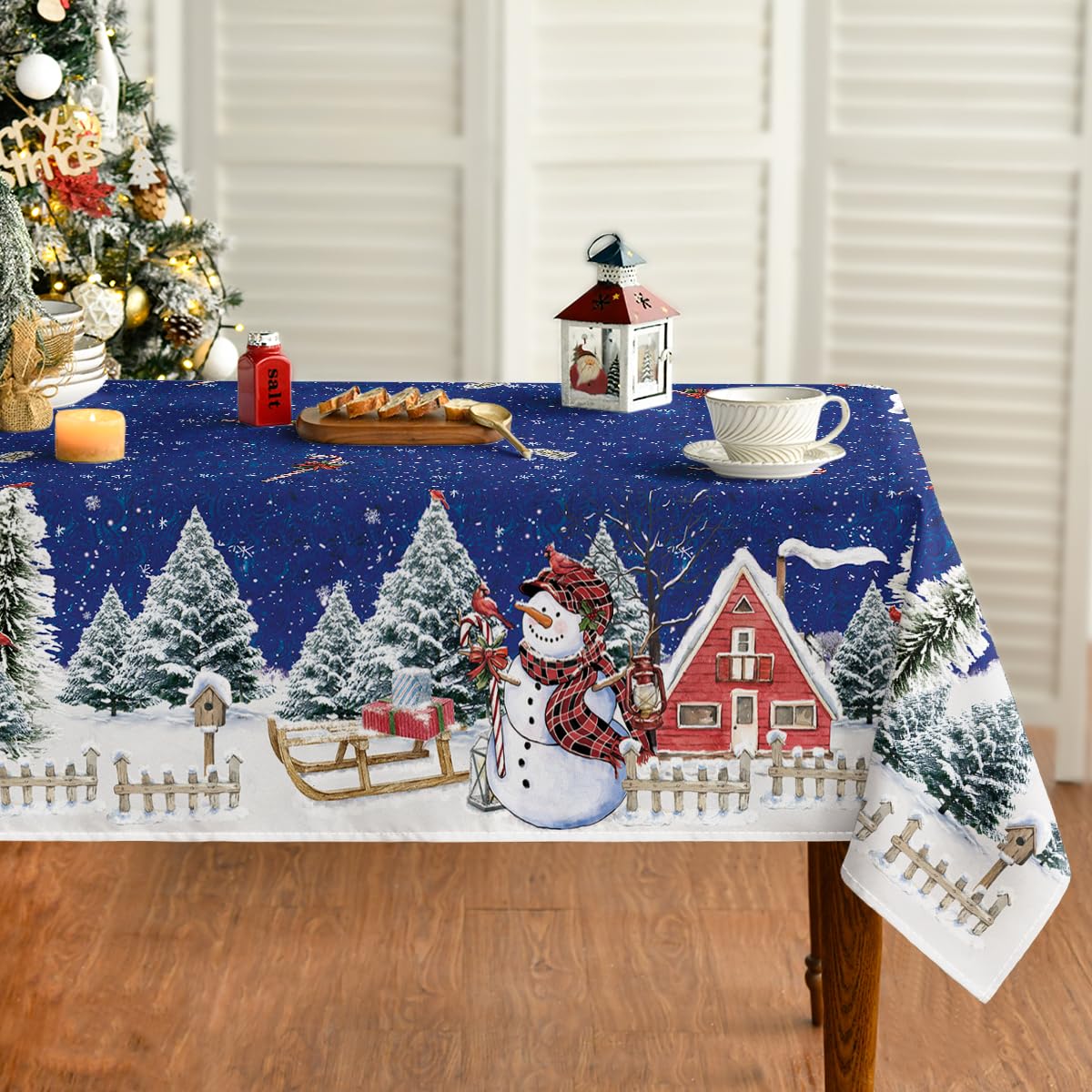Horaldaily mantel navideño azul con nieve y árboles, ideal para fiestas y cenas.