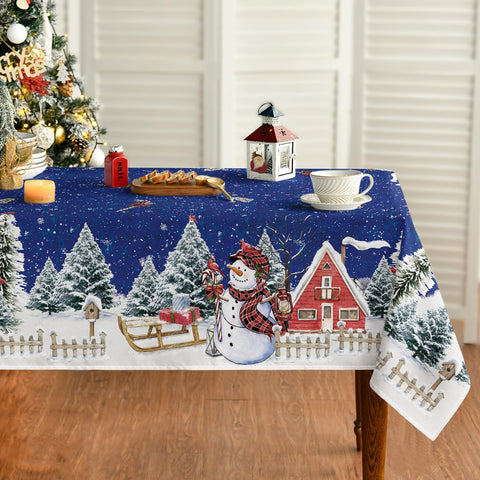 Horaldaily mantel navideño azul con nieve y árboles, ideal para fiestas y cenas.