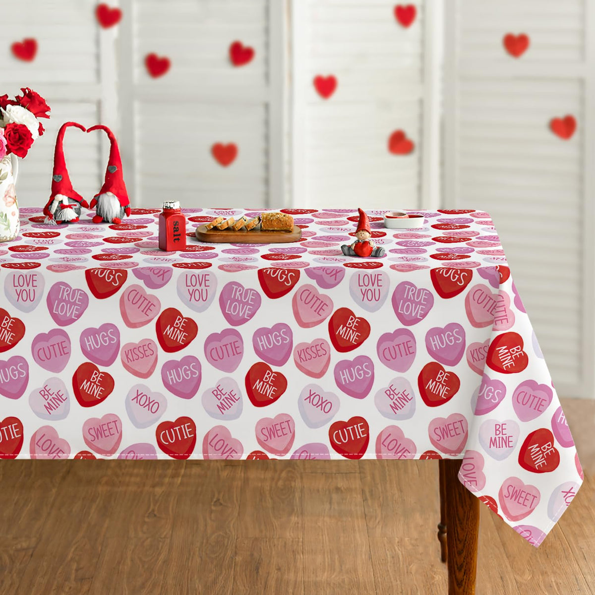 Mantel Horaldaily San Valentín corazones rosas con palabras, ideal para fiestas.