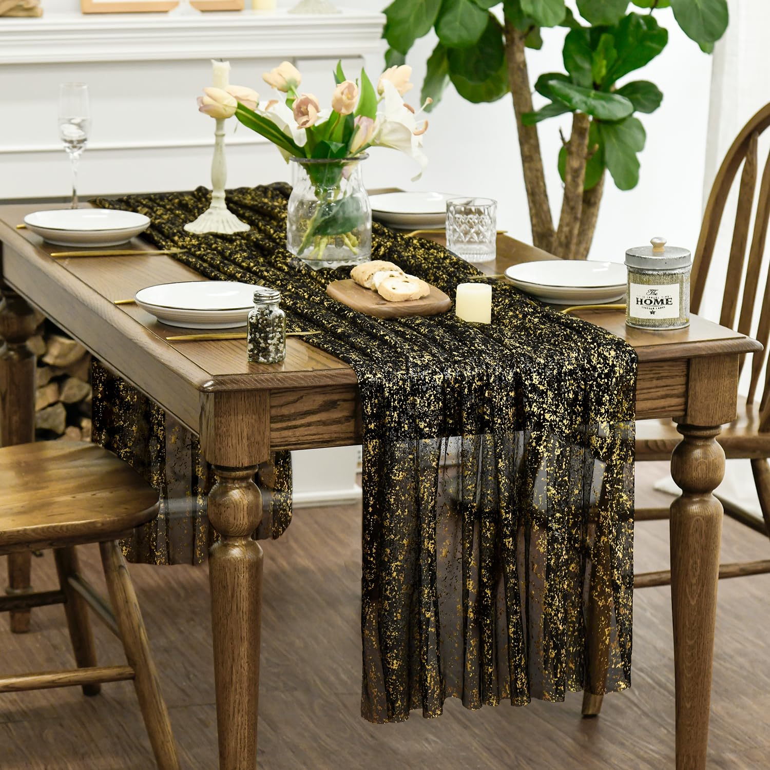 Mantel Horaldaily Tule translúcido con brillo dorado para banquetes