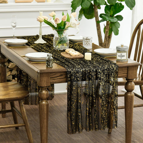 Mantel Horaldaily Tule translúcido con brillo dorado para banquetes