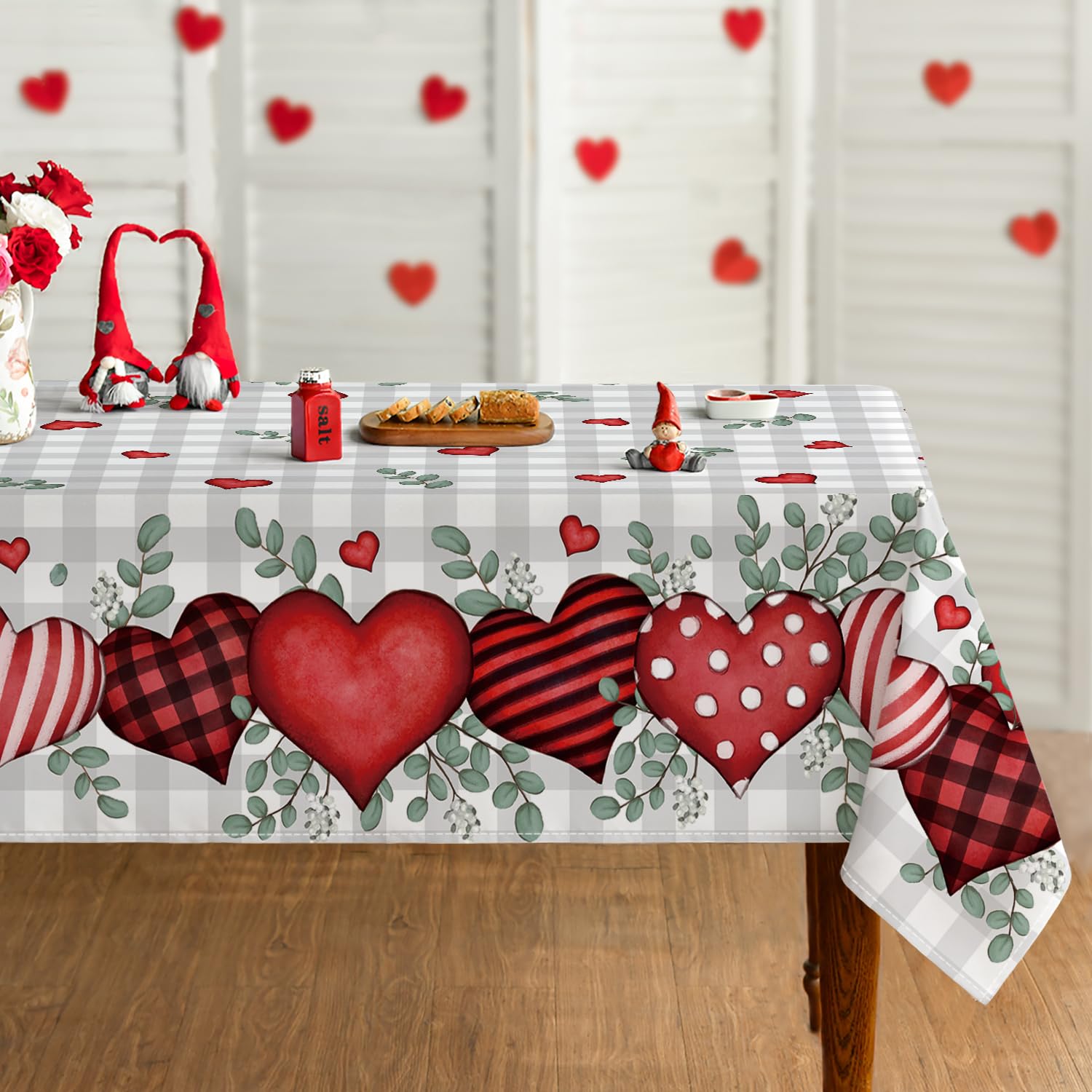 Mantel Horaldaily Valentine con diseño a cuadros rojos y corazones para cenas