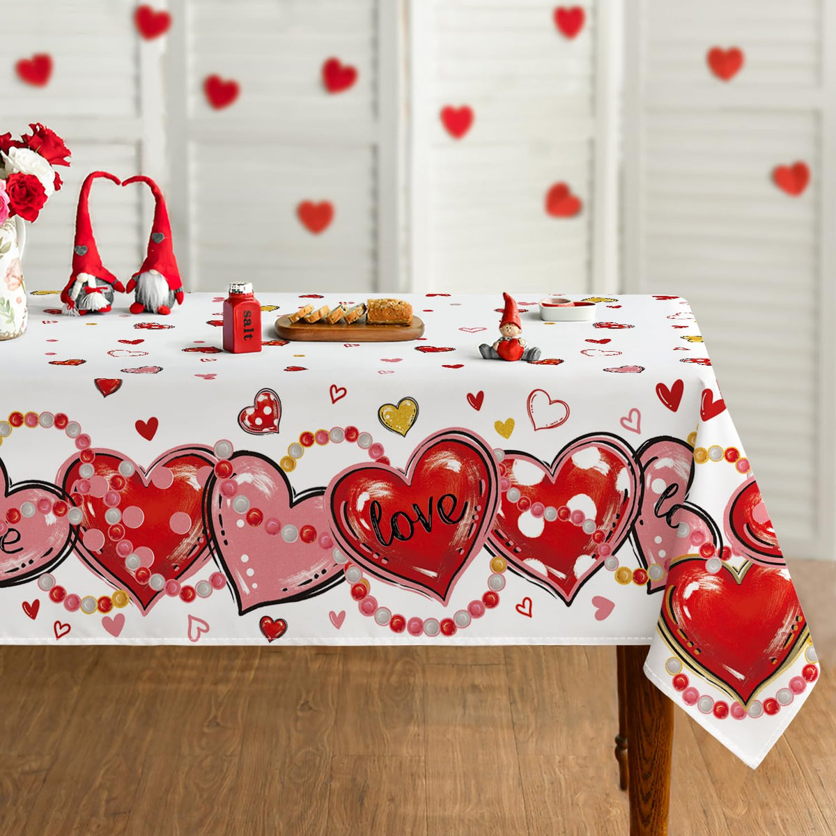 Mantel Horaldaily Valentín con corazones rojos para cenas románticas.