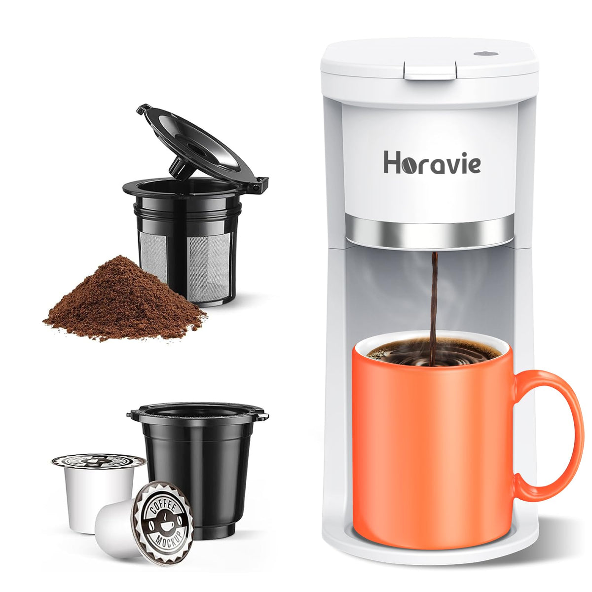 Horavie cafetera de una taza, vista frontal, café rápido listo para beber.