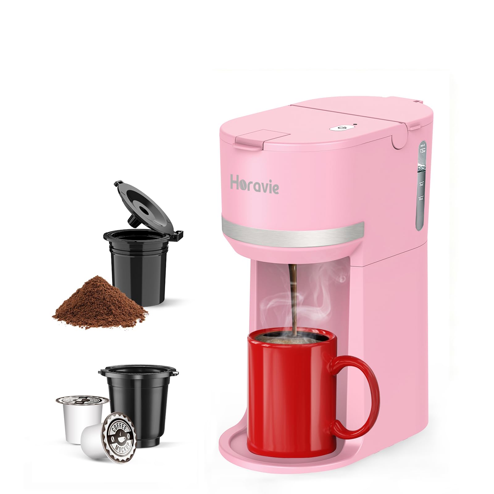 Horavie mini cafetera mostrando compatibilidad con K-Pod para una taza rápida