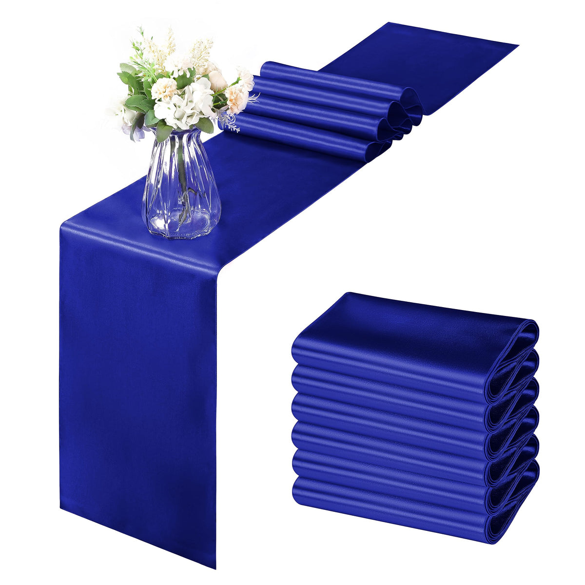 Horbaunal corredor de satén azul real sobre mesa para boda elegante